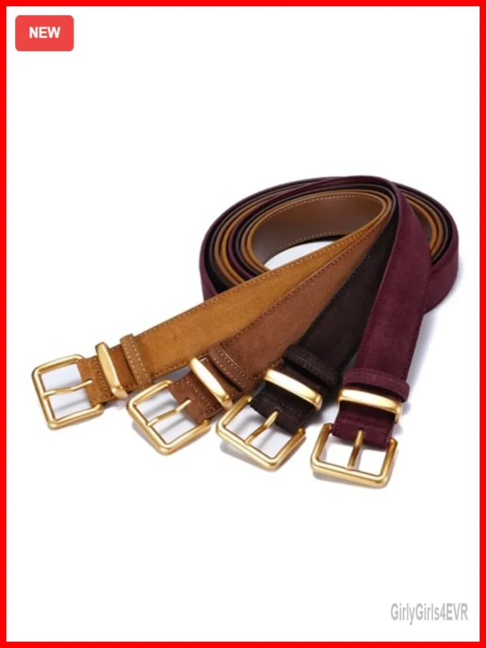 Wide Suede Leather Belt Square Gold Buckle 1.3